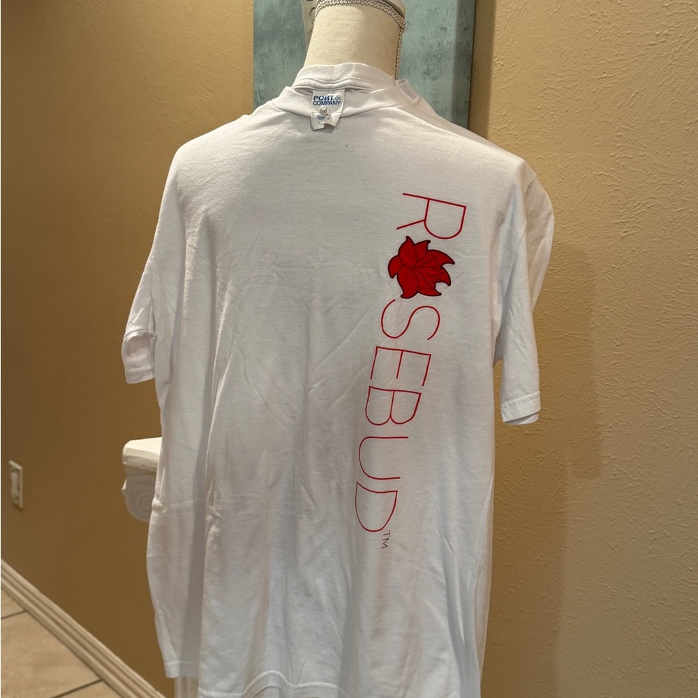 Rosebud White Tee with Red Logo